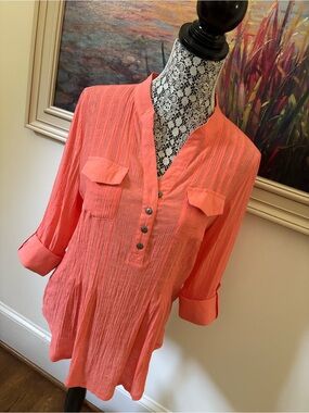 new directions Coral Button-Front Tunic with Roll-Tab Sleeves